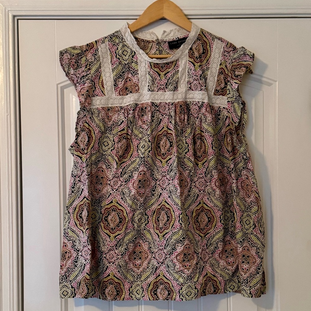 Lane Bryant 22 Multicolor Lace Trim Peasant Top - 100% Cotton